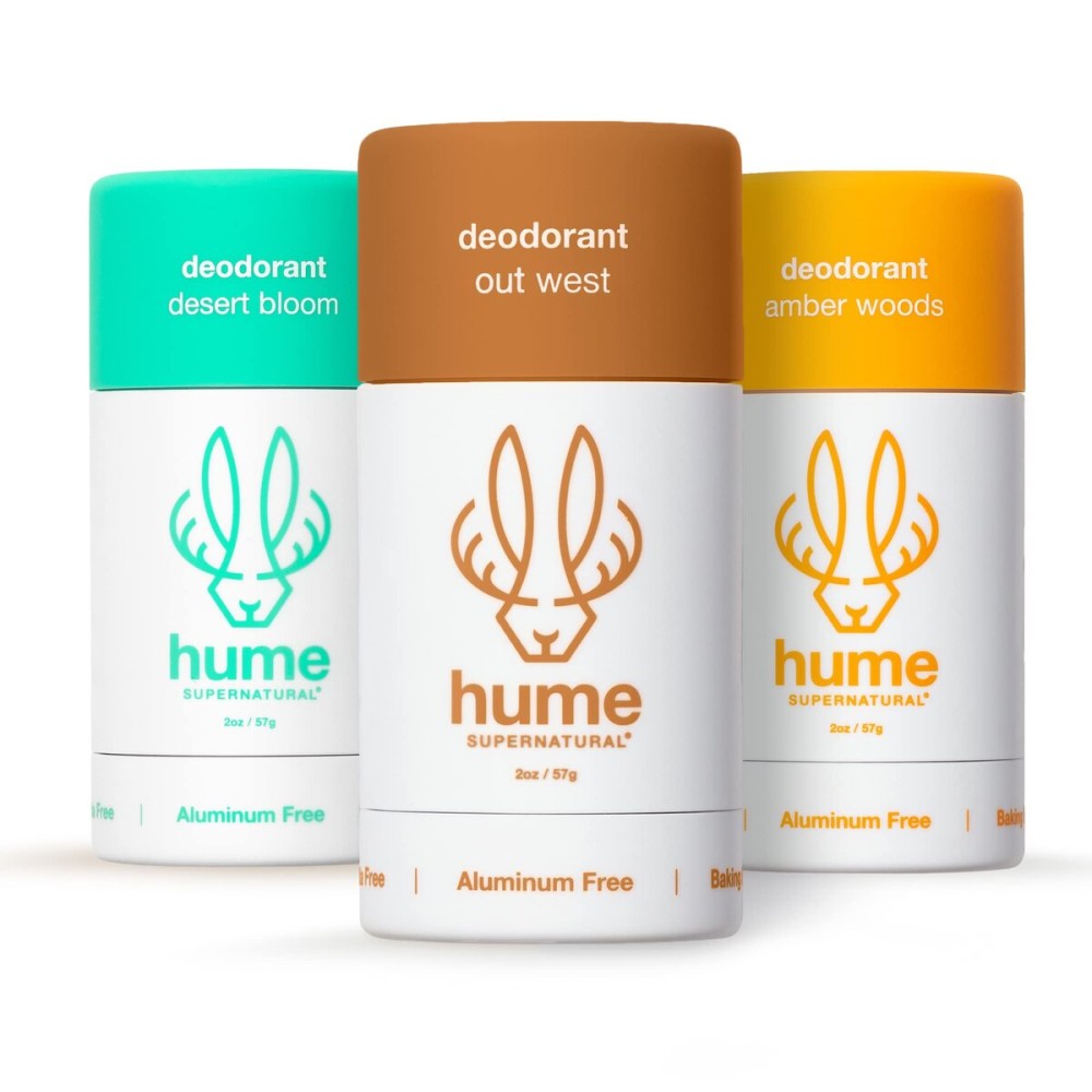 Hume Supernatural Roll On Aluminum Free Deodorant for Women & Men - Safe for Sensitive Skin - Probiotic and Plant-Based - Long-Lasting Moisture Absorbing (Desert Bloom, Out West & Amber Woods)