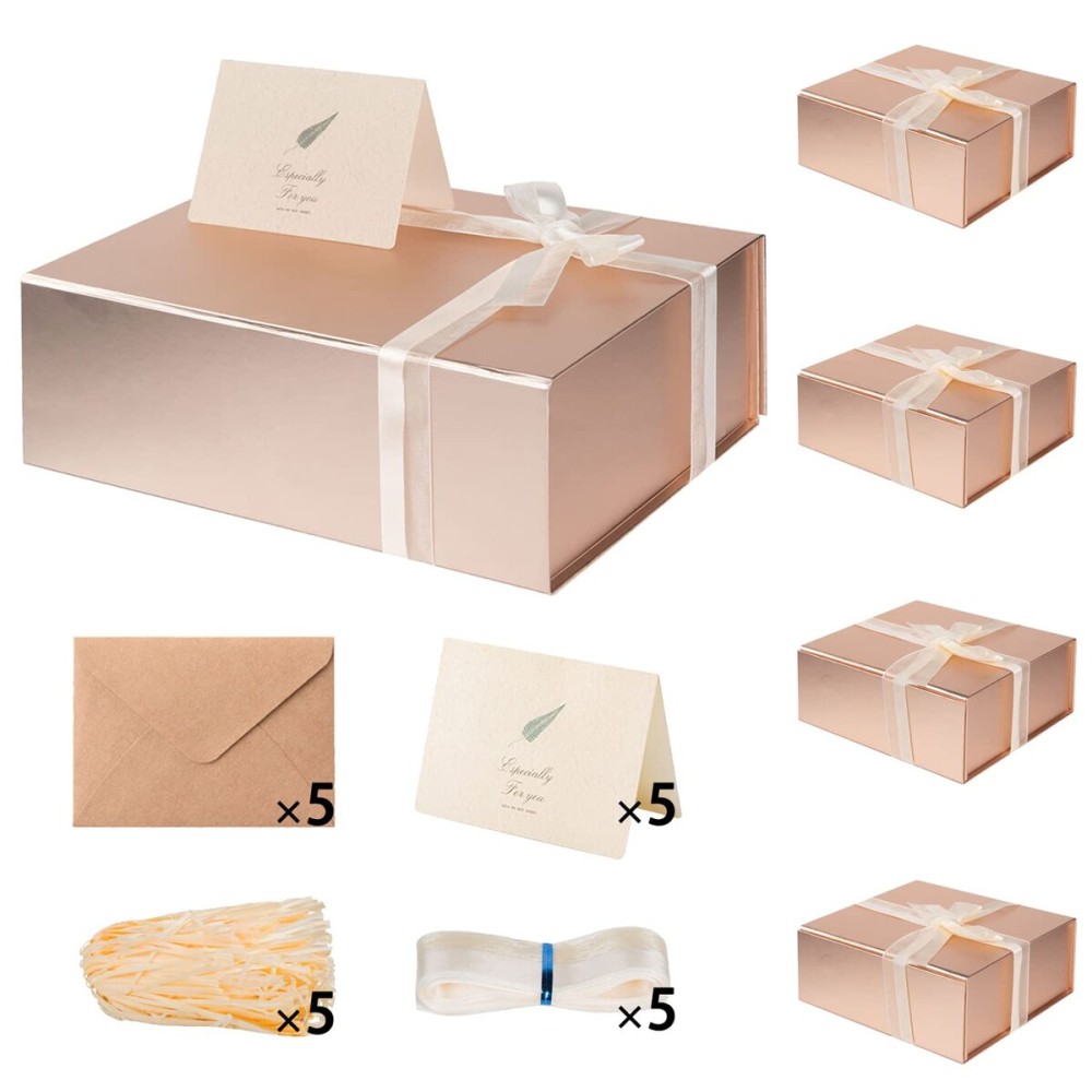 LIFELUM 5 Pack Gift Boxes 13.85 x 8.35 x 4.45 inch Large Gift Boxes with Magnetic Lids Rose Gold Contains Card,Sticker,Ribbon, Shredded Paper Filler for Graduation Weeding Gifts