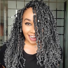 Goddess Locs Crochet Hair 10 Inch 7 Packs Ombre Grey Boho Faux Locs Crochet Hair for Black Women Pre Looped Crochet Locs with Curly Ends (1B/Gray)