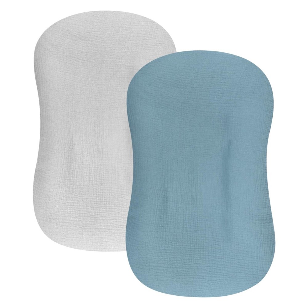 Hooyax Baby Lounger Cover 2 Pack - 100% Muslin Cotton Newborn Lounger Pillow Covers Only, Soft Breathable Infant Lounger Cover with Reinforced Stitching, Fits Most Standard Baby Loungers (Blue Grey)