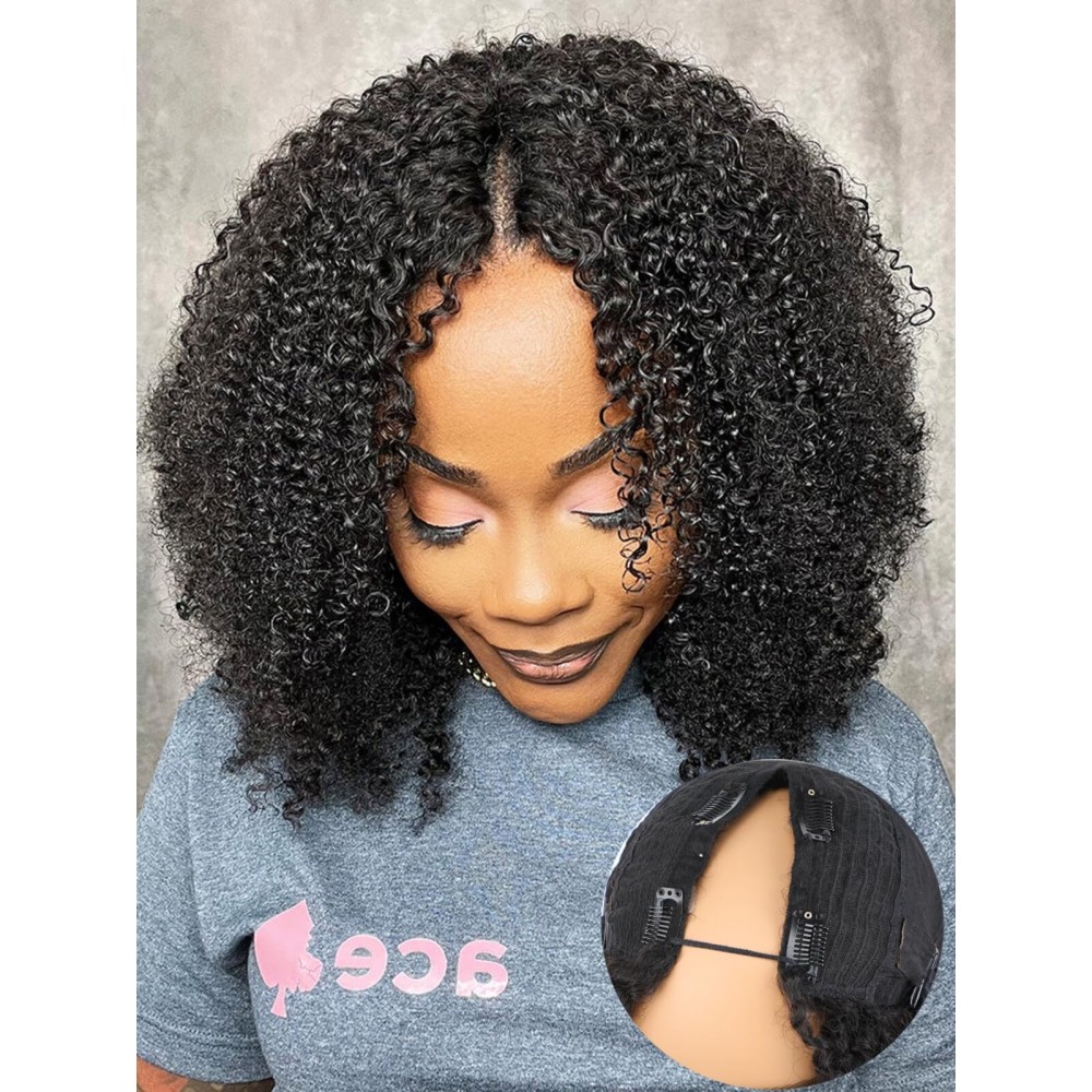 ISEE V Part Human Hair Kinky Curly Minimal/No Leave Out Upgrade U Part Wig for Black Women V Shape Kinky Curly Thin Part Glueless Clip In Half Wig 180% Density Natural Color 14 Inch
