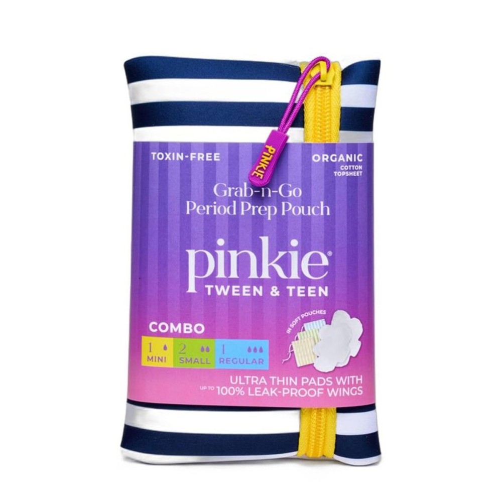 First Period Pinkie Prep - Pouch with 4 Ultra Thin Organic Cotton Topsheet Pads - Mini, Small and Regular Size Pads with Wings - Grab-n-Go Period Travel Kit - Fragrance and Chlorine-Free