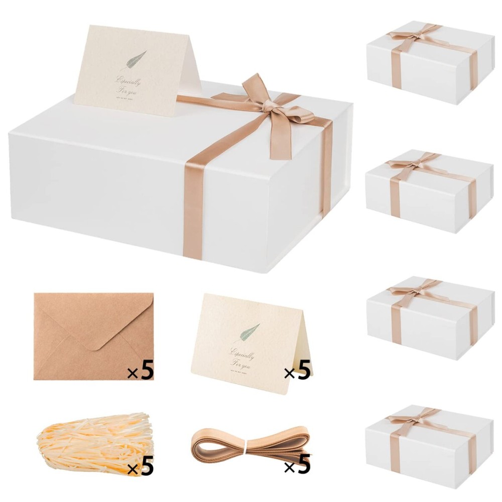 LIFELUM Christmas Gift Boxes with Lids for Presents 5 Pack White Gift Boxes 13.85 x 8.35 x 4.45 inch Large Gift Box Contains Card,Sticker,Ribbon, Shredded Paper Filler for Anniversary, Weeding Gifts