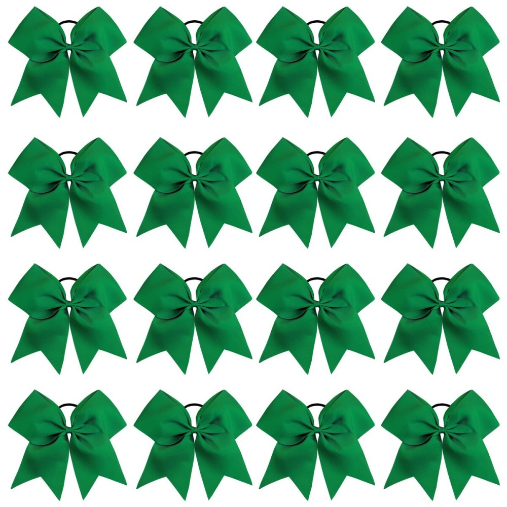 16PCS 8 Large Cheer Hair Bows Ponytail Holder Elastic Band Handmade for Cheerleading Teen Girls College Sports (Forest Green, 1 Count (Pack of 16))