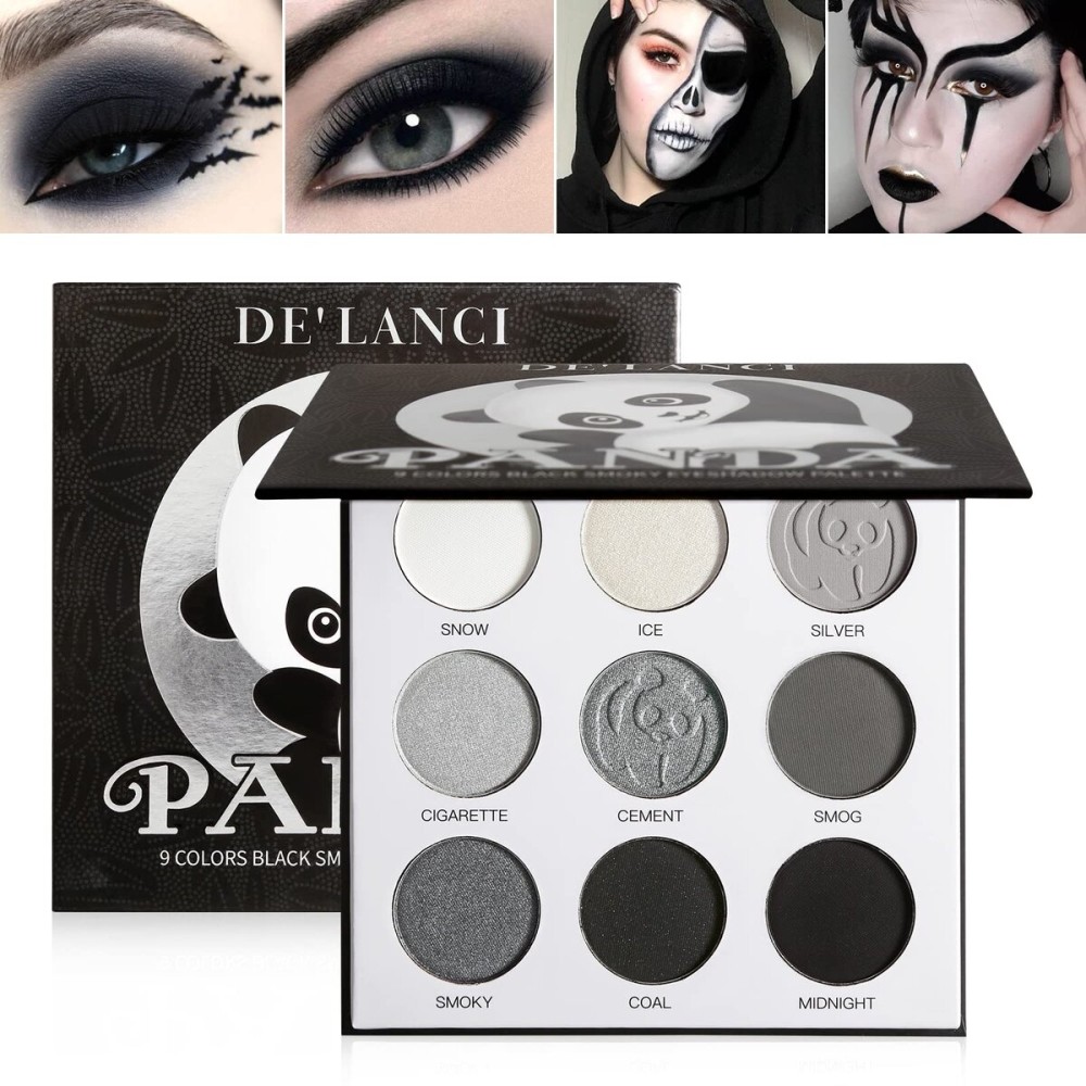 ecofavor Black Smoky Eye shadow Palette, DELANCI PANDA 9 Colors True Black Dark Grey Smokey Goth Makeup Pallet, 9 Soft Matte Shimmer High Pigmented Basic Black White Gray Shade for Halloween