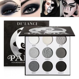 ecofavor Black Smoky Eye shadow Palette, DELANCI PANDA 9 Colors True Black Dark Grey Smokey Goth Makeup Pallet, 9 Soft Matte Shimmer High Pigmented Basic Black White Gray Shade for Halloween