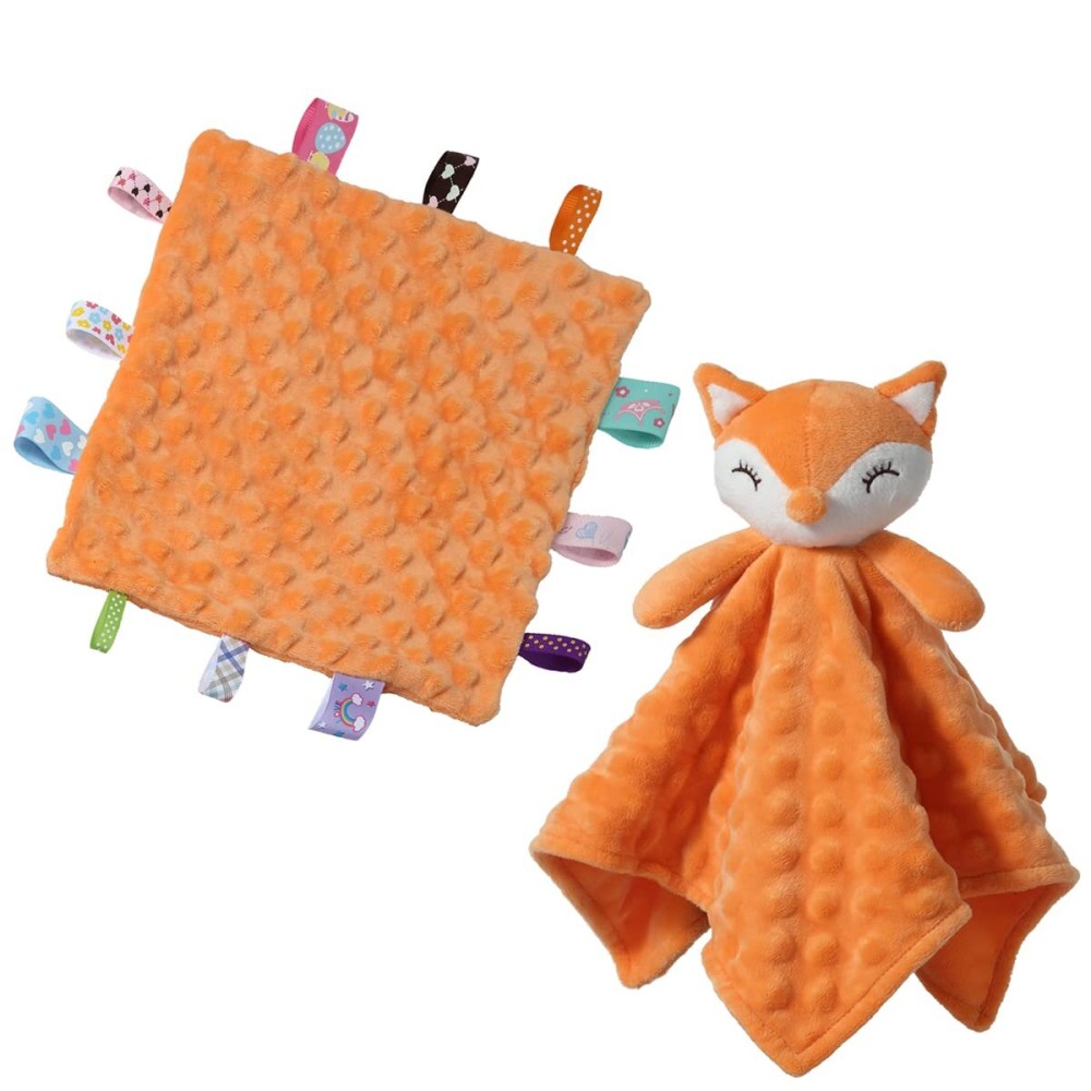 CREVENT Soft Plush Animal Face Security Blankets for Boys and Girls, Great Gifts for Birthday Baby Shower (Orange Fox Lovey +10X10 Tag)