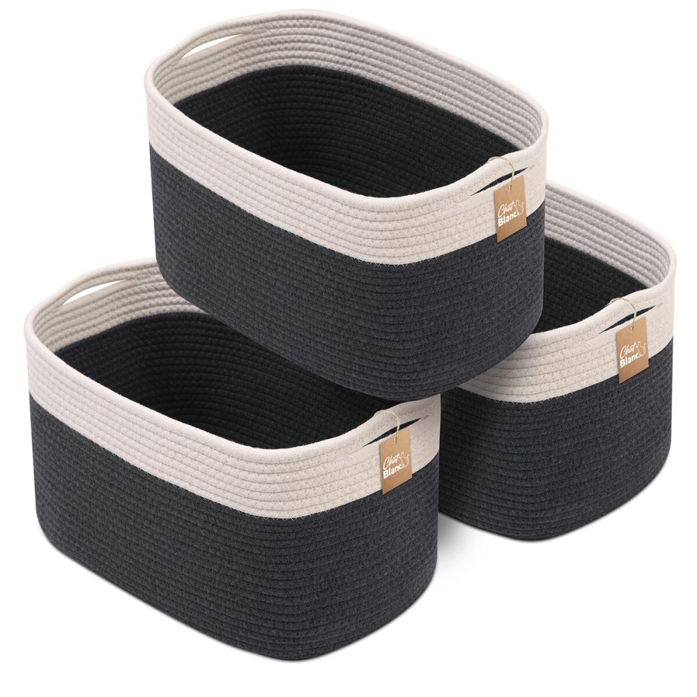 CHAT BLANC Cotton Rope Baskets for Organizing | Storage Baskets for Shelves | Rope Basket for Storage, Small Laundry Baskets, Woven Baskets for Storage, Dog Toy Bin, Baby Basket, White&Graphite 3 Pack