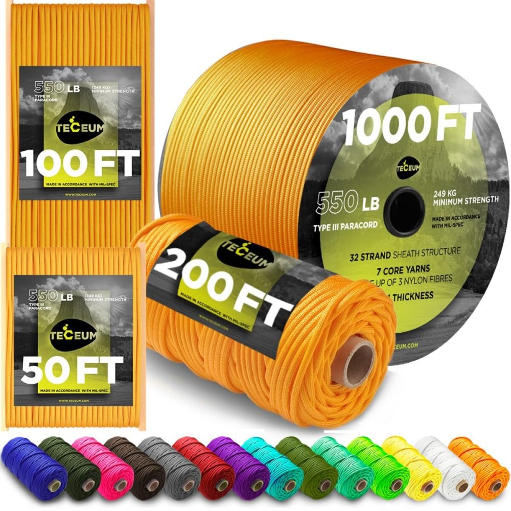 TECEUM Paracord Type III 550 Honey Gold - 100 ft - 4mm - Tactical Rope MIL-SPEC - Outdoor para Cord -Camping Hiking Fishing Gear and Equipment - EDC Parachute Cord - Strong Survival Rope 089 n