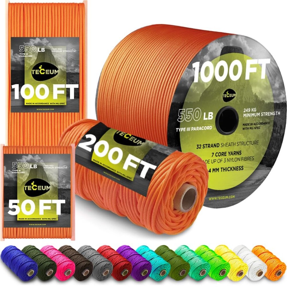TECEUM Paracord Type III 550 Orange Yellow - 50 ft - 4mm - Tactical Rope MIL-SPEC - Outdoor para Cord -Camping Hiking Fishing Gear and Equipment - EDC Parachute Cord - Strong Survival Rope 044 n1
