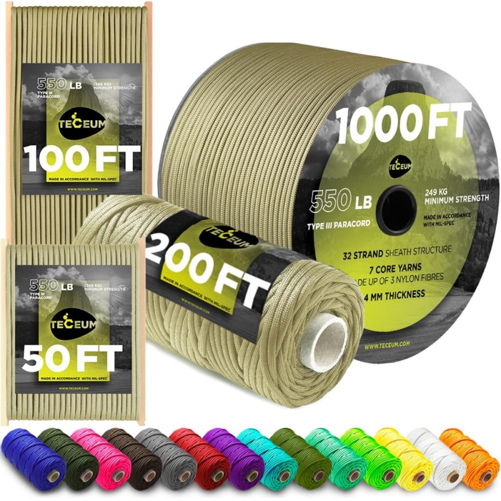 TECEUM Paracord Type III 550 Golden Sand - 200 ft - 4mm - Tactical Rope MIL-SPEC - Outdoor para Cord -Camping Hiking Fishing Gear and Equipment - EDC Parachute Cord - Strong Survival Rope 028 n1