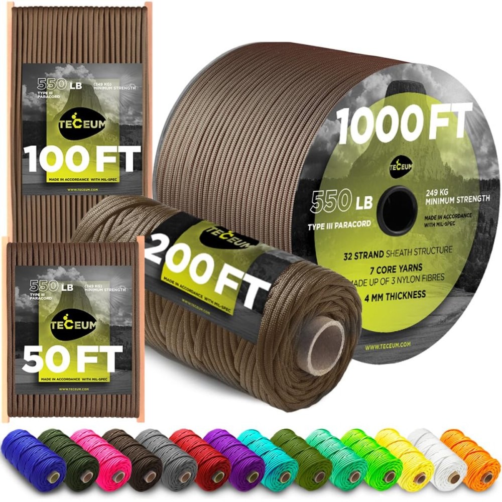 TECEUM Paracord Type III 550 Copper Brown - 50 ft - 4mm - Tactical Rope MIL-SPEC - Outdoor para Cord -Camping Hiking Fishing Gear and Equipment - EDC Parachute Cord - Strong Survival Rope 015 n