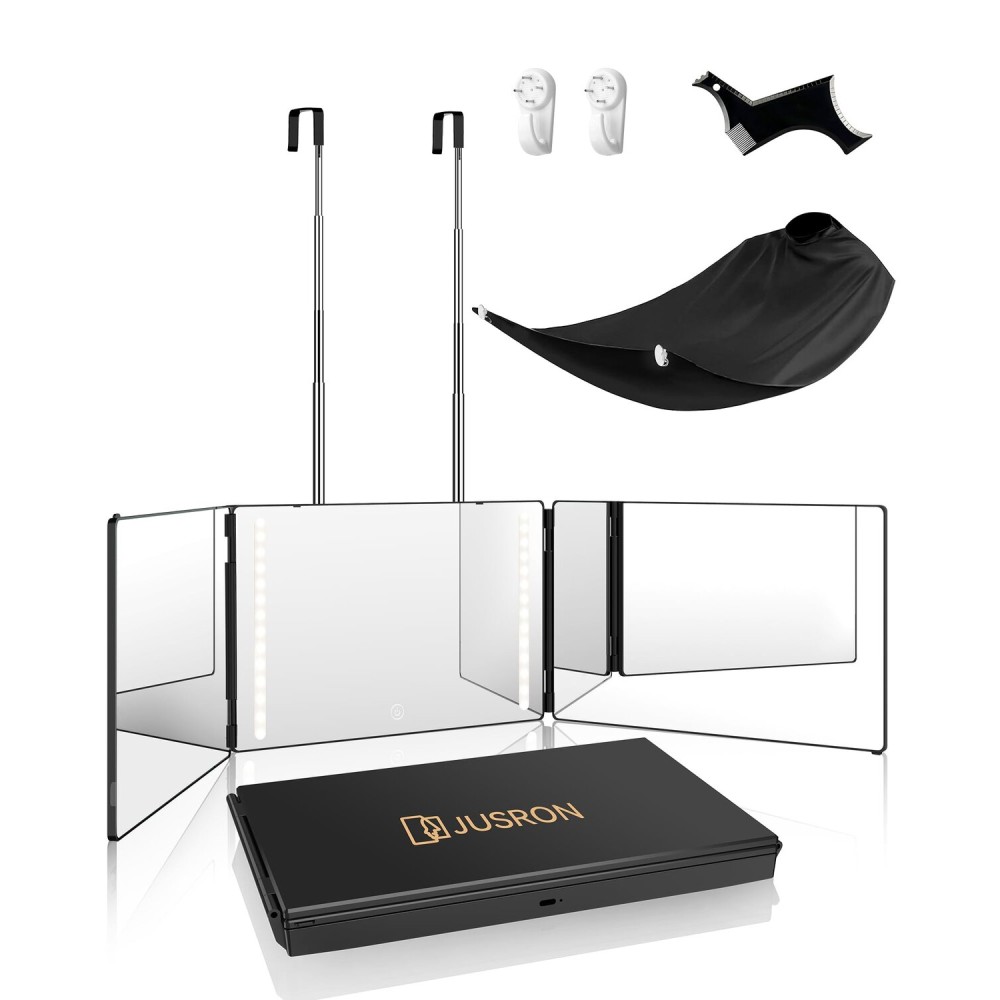 JUSRON 360 Viewing Angle Self Hair Cutting Mirror, Clear Anti-Fog HD Glass (Black with LED with Accessories)