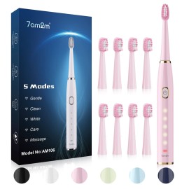 7AM2M Sonic Electric Toothbrush for Adults and Kids- High Power Rechargeable Toothbrushes with 8 Brush Heads,5 Adjustable Modes, Built-in 2-Minute Smart Timer,4 Hours Fast Charge for 30 Days(Pink)