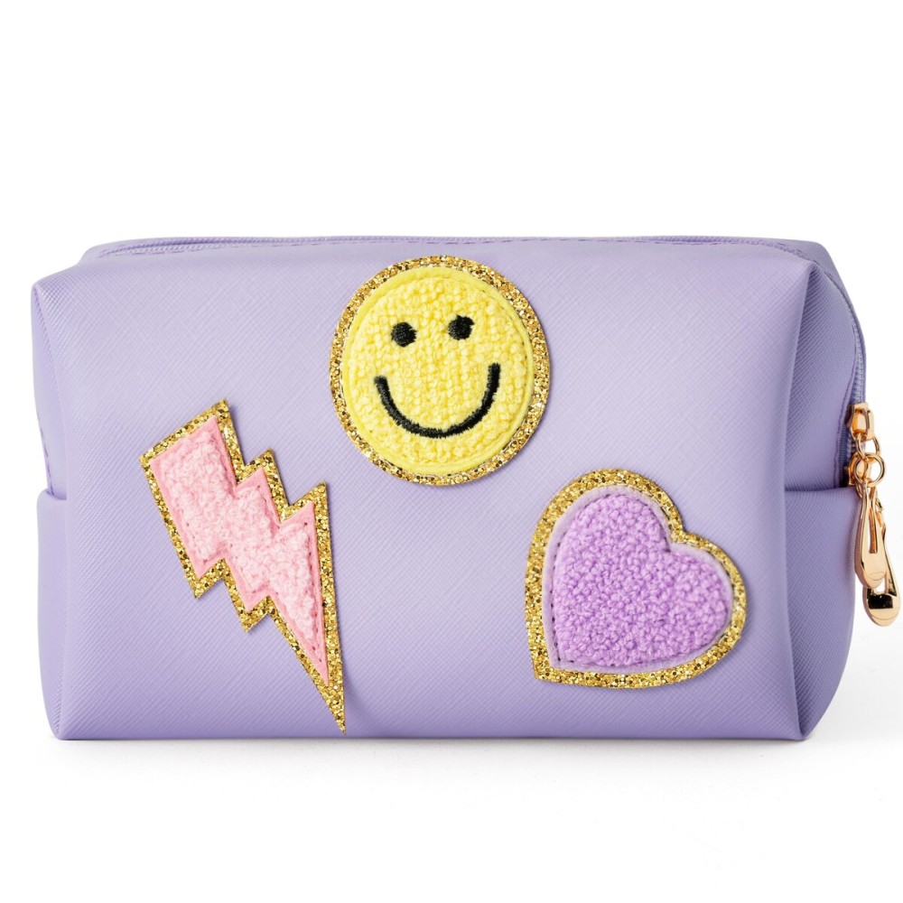 LieToi Preppy Patch Small Toiletry Bag, Smile Lightning Heart PU Leather Portable Waterproof Makeup Cosmetic Bag Daily Use Storage Purse Travel Organizer Compliant Bag for Women Girls (Taro Purple)
