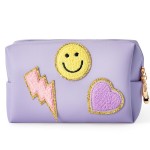 LieToi Preppy Patch Small Toiletry Bag, Smile Lightning Heart PU Leather Portable Waterproof Makeup Cosmetic Bag Daily Use Storage Purse Travel Organizer Compliant Bag for Women Girls (Taro Purple)