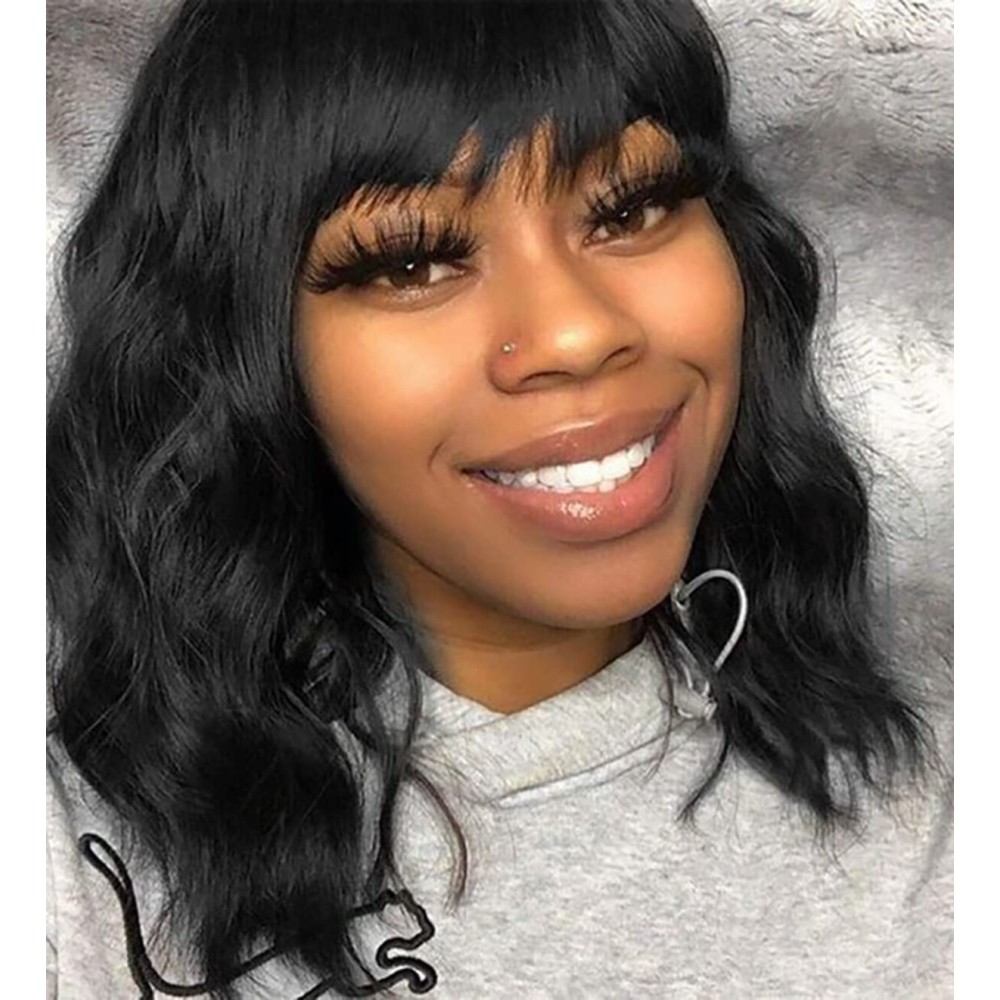 Elfairy Black Wig with Bangs Wig for Women 12in Short Bob Wavy Curly Wig Natural Black Hair Wigs Heat Resistant Hair Replacement Wigs(12\'\' Natural Black 1B)