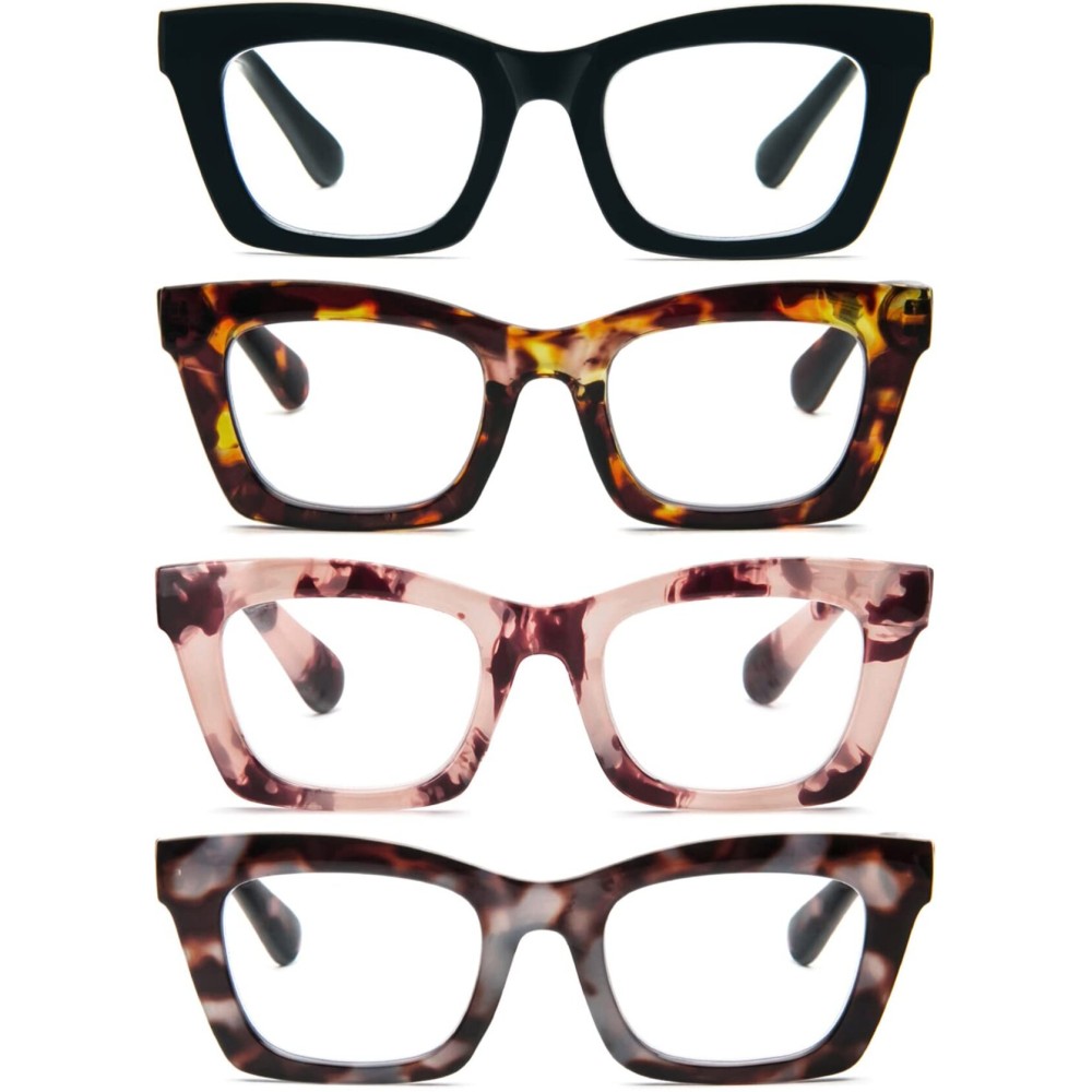 REAVEE 4 Pack Oprah Style Reading Glasses Blue Light Blocking Computer Square Readers for Women with Spring Hinge 2.5