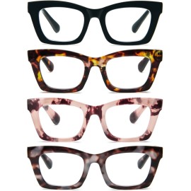 REAVEE 4 Pack Oprah Style Reading Glasses Blue Light Blocking Computer Square Readers for Women with Spring Hinge 2.5