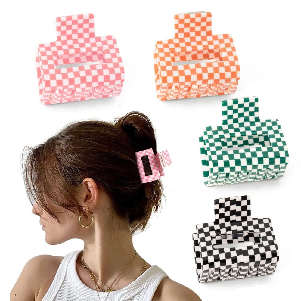Bmobuo Checkered Hair Claw Clips - 4 PCS, 2 for Thin Hair, 2 for Thick Hair, Cute Clips for Women