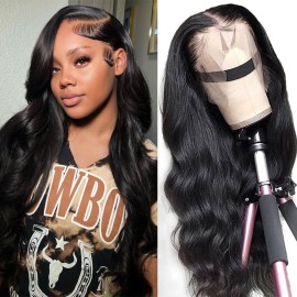 13x4 Body Wave Lace Front Wigs Human Hair Pre Plucked HD Transparent Lace Frontal Wig with Baby Hair 180% Density 9A Glueless Brazilian Virgin Human Hair Lace Front Wigs for Women Natural Black 22Inch