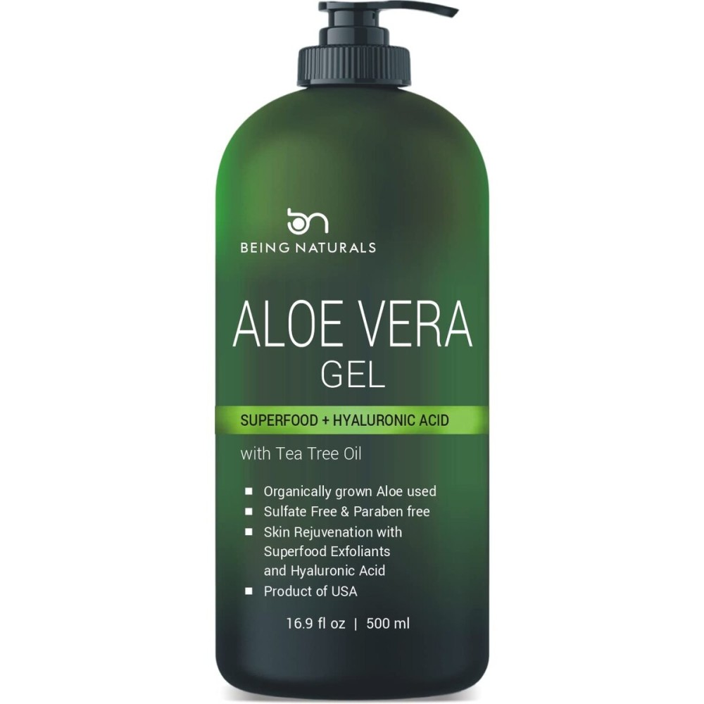 Being Naturals Aloe vera Gel - from 100% Pure Organic Aloe - Natural Raw Moisturizer for Face, Body, Hair. Perfect for Sunburn, Acne, Razor Bumps 16.9 fl oz (Tea Tree, Superfood, Hyaluronic Acid)