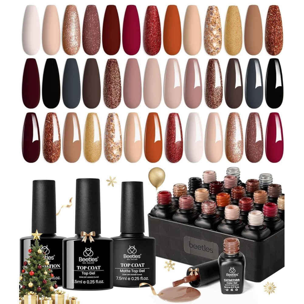 Beetles Fall Gel Nail Polish Set, 23Pcs Brown Burgundy Red Nude Pink Gel Polish Set with Base Top Coat Verse of Roses Kit, Soak off Uv Gel Golden Glitter Holiday Nail for Women