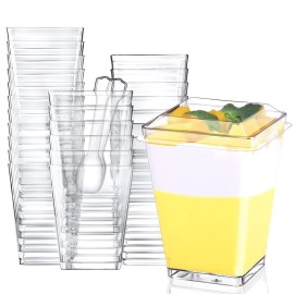 Eupako 100 Pack 5 oz Square Clear Plastic Dessert Cups with Lids and Spoons, Small Clear Plastic Tumbler Cups Set, Great for Desserts, Appetizers, Puddings, Mousse
