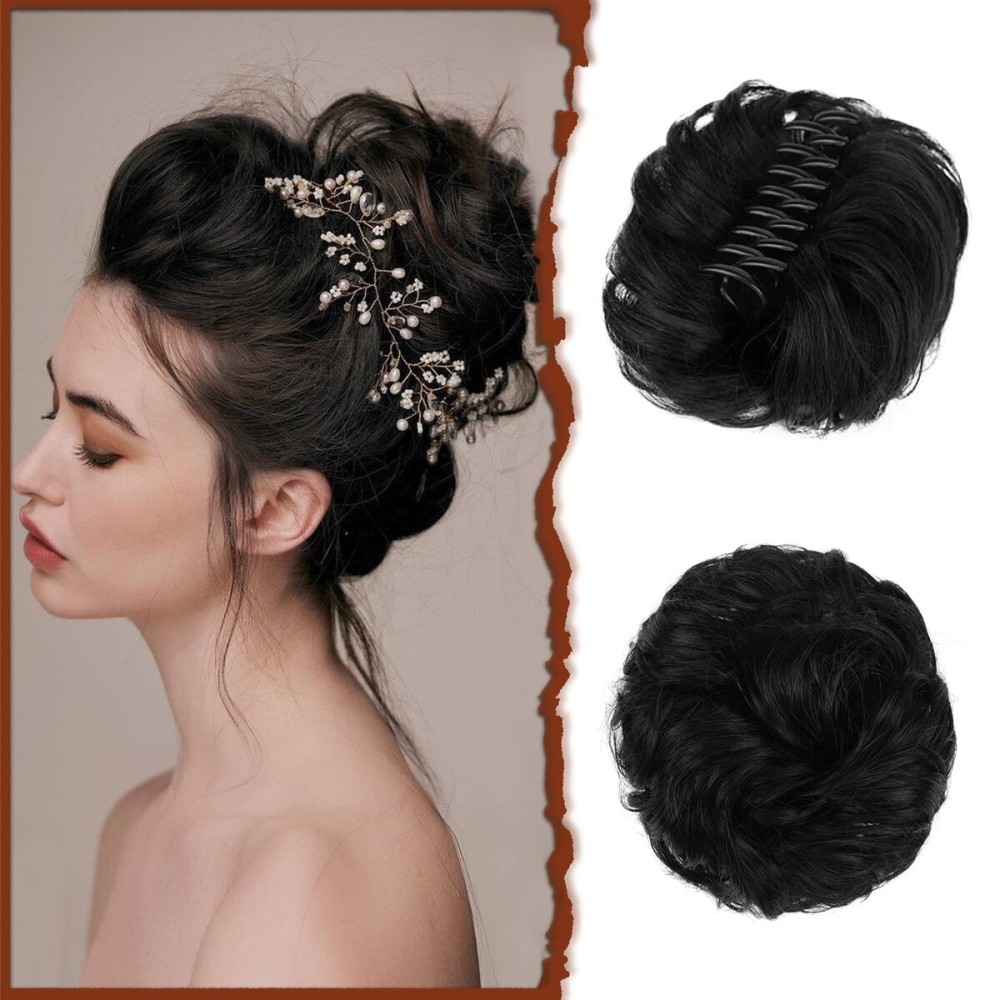 SOFEIYAN Claw Clip Messy Bun Hair Piece Wavy Curly Hair Bun Clip in Claw Chignon Ponytail Hairpieces Synthetic Tousled Updo Hair Extensions Scrunchie Hairpiece for Women, Jet Black
