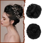 SOFEIYAN Claw Clip Messy Bun Hair Piece Wavy Curly Hair Bun Clip in Claw Chignon Ponytail Hairpieces Synthetic Tousled Updo Hair Extensions Scrunchie Hairpiece for Women, Jet Black