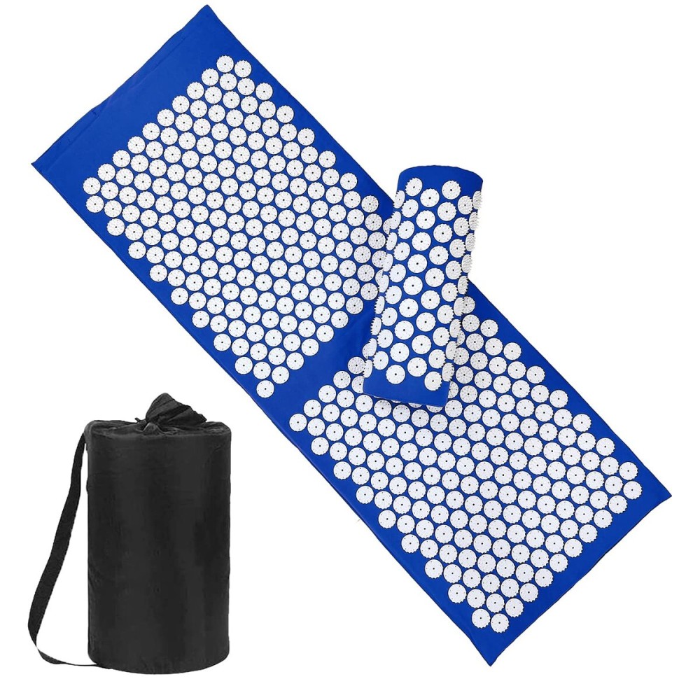 Acupressure Mat and Pillow Set with Bag - Extra Long Acupuncture Mat for Neck & Back Pain Relief- Naturally Relaxation Gift for Women - Stress Relief Massage Mat (Blue)