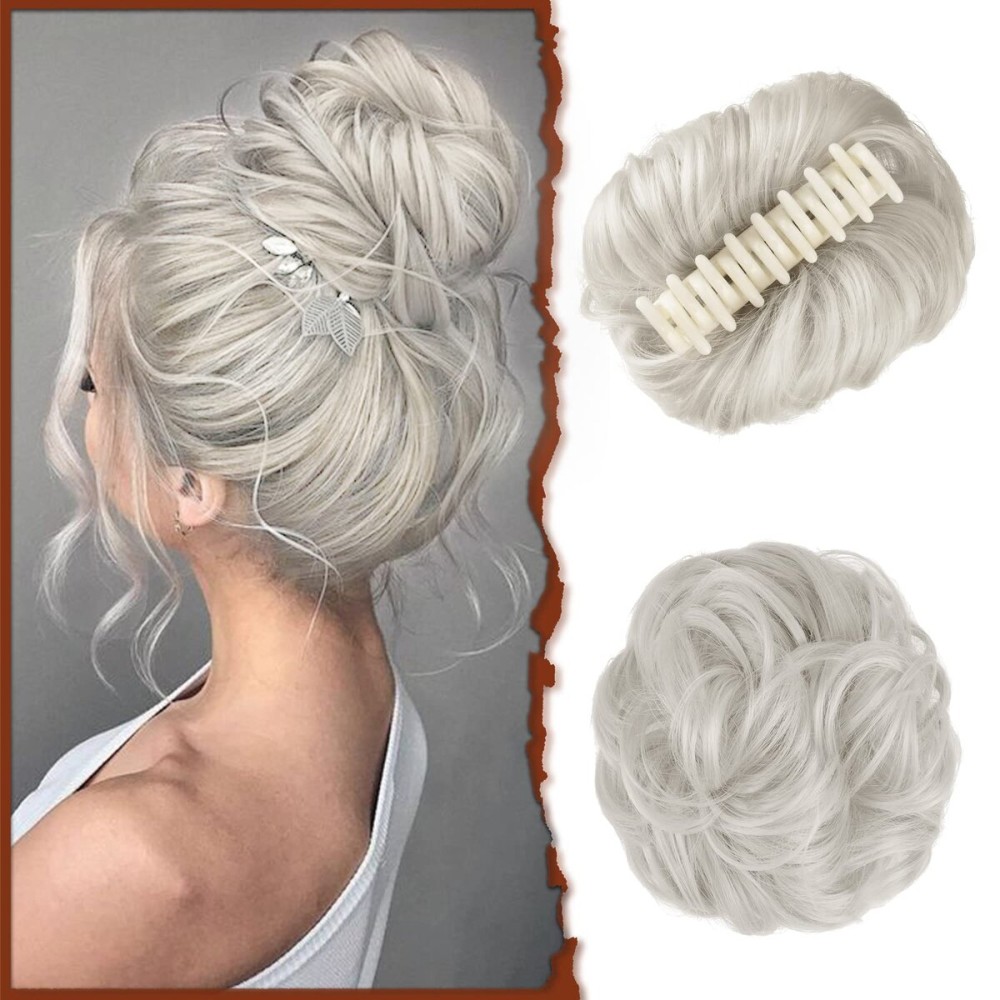 SOFEIYAN Claw Clip Messy Bun Hair Piece Wavy Curly Hair Bun Clip in Claw Chignon Ponytail Hairpieces Synthetic Tousled Updo Hair Extensions Scrunchie Hairpiece for Women, Silver Grey