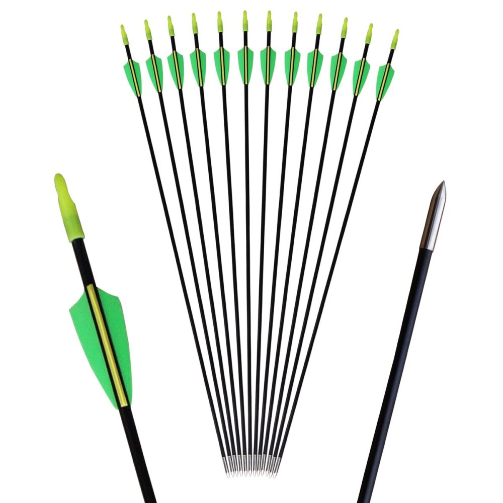 GPP 12PK 28 Fiberglass Archery Target Arrows - Practice Arrow or Youth Arrow for Recurve Bow,Green & Yellow Vanes