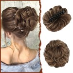 SOFEIYAN Claw Clip Messy Bun Hair Piece Wavy Curly Hair Bun Clip in Claw Chignon Ponytail Hairpieces Synthetic Tousled Updo Hair Extensions Scrunchie Hairpiece for Women, Golden Brown Mixed Blonde