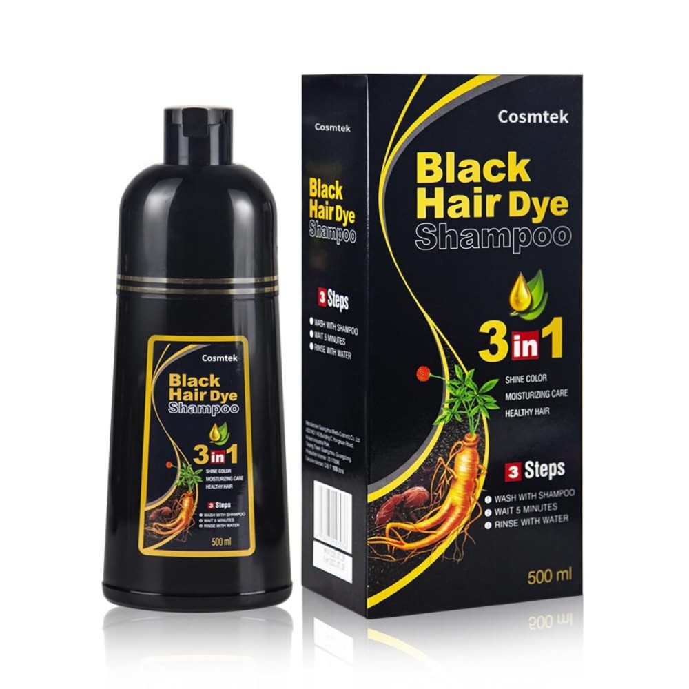 COSMTEK Black Hair Dye Shampoo for Gray Hair, Semi-Permanent Hair Color Shampoo for Women and Men, Herbal and No Ammonia, 3 in 1-100% Grey Coverage(16.9 Fl oz)