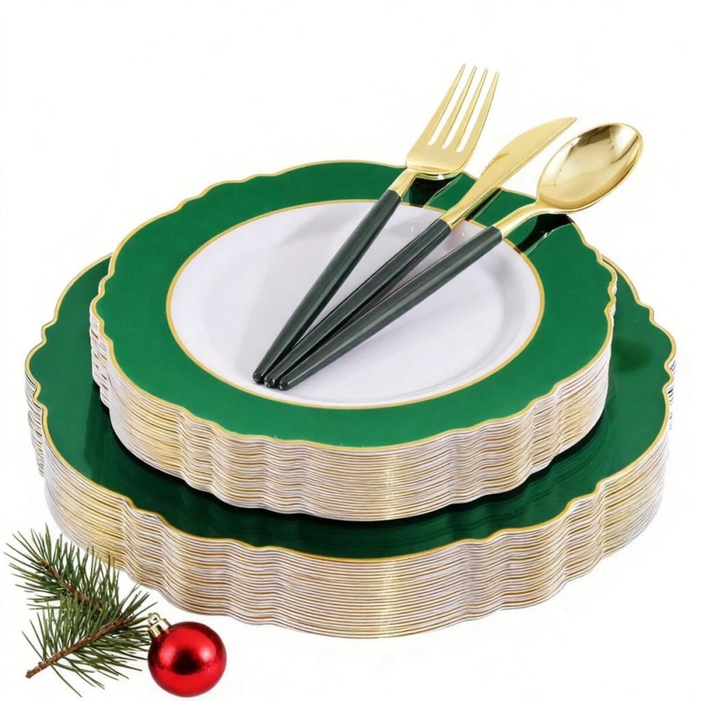 WDF 30Guest Christmas Plates Disposable - Gold Plastic Silverware With Green Handle - Baroque Green &Gold Plastic Dinnerware for Christmas Plates Party