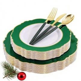WDF 30Guest Christmas Plates Disposable - Gold Plastic Silverware With Green Handle - Baroque Green &Gold Plastic Dinnerware for Christmas Plates Party