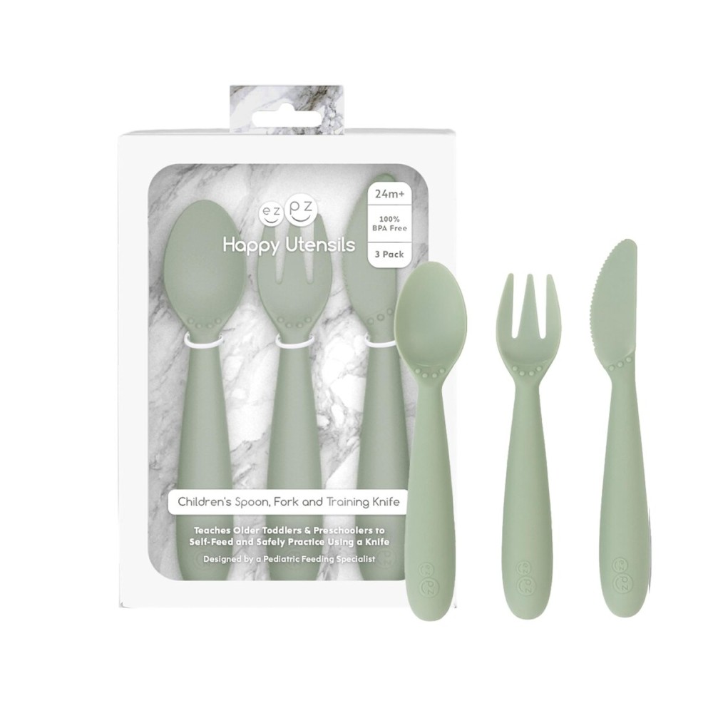 ezpz Happy Utensils (Sage) - 24 Months+ - BPA Free Toddler Utensils - Fork, Spoon and Knife for Toddlers and Preschoolers - Kids for Self-Feeding Development