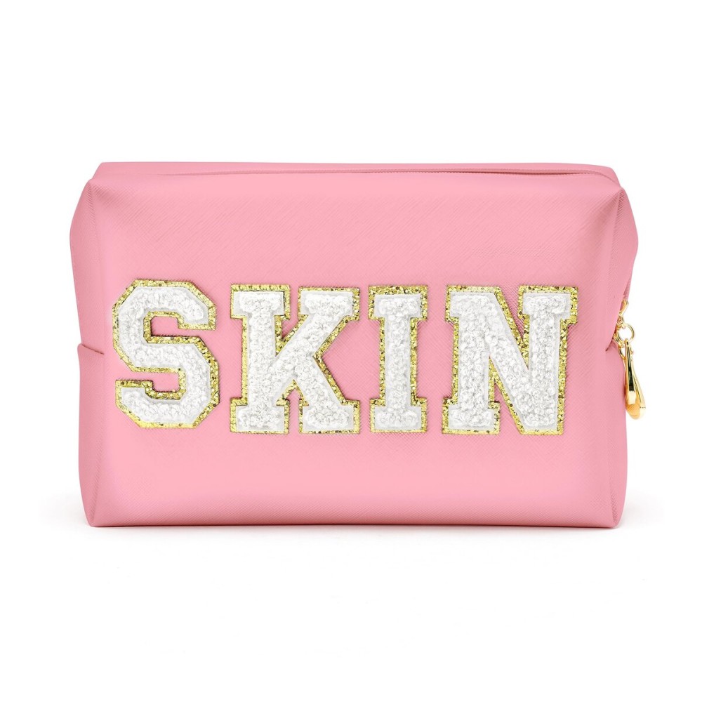 Y1tvei Preppy Patch SKIN White Letter Pink Cosmetic Toiletry Bag PU Leather Portable Makeup Bag Daily Use Storage Pouch Toiletry Purse Waterproof Organizer for Travel Varsity Women Girls Teens(Pink)