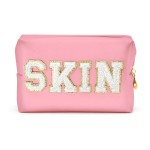 Y1tvei Preppy Patch SKIN White Letter Pink Cosmetic Toiletry Bag PU Leather Portable Makeup Bag Daily Use Storage Pouch Toiletry Purse Waterproof Organizer for Travel Varsity Women Girls Teens(Pink)