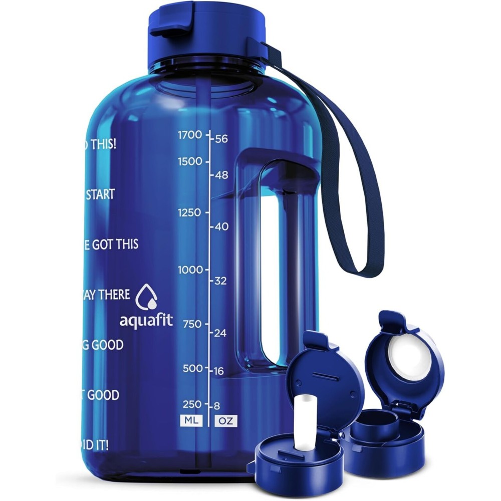 AQUAFIT Half Gallon Water Bottle with Time Marker - Straw & Chug Lid - BPA Free Gym Water Bottle with Straw - Big Gallon Jug (Blue, 64 oz - 2 Lids)