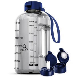 AQUAFIT Half Gallon Water Bottle with Time Marker - Straw & Chug Lid - BPA Free Gym Water Bottle with Straw - Big Gallon Jug (Clarity, 64 oz - 2 Lids)