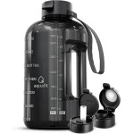 AQUAFIT Half Gallon Water Bottle with Time Marker - Straw & Chug Lid - BPA Free Gym Water Bottle with Straw - Big Gallon Jug (Gray, 64 oz - 2 Lids)