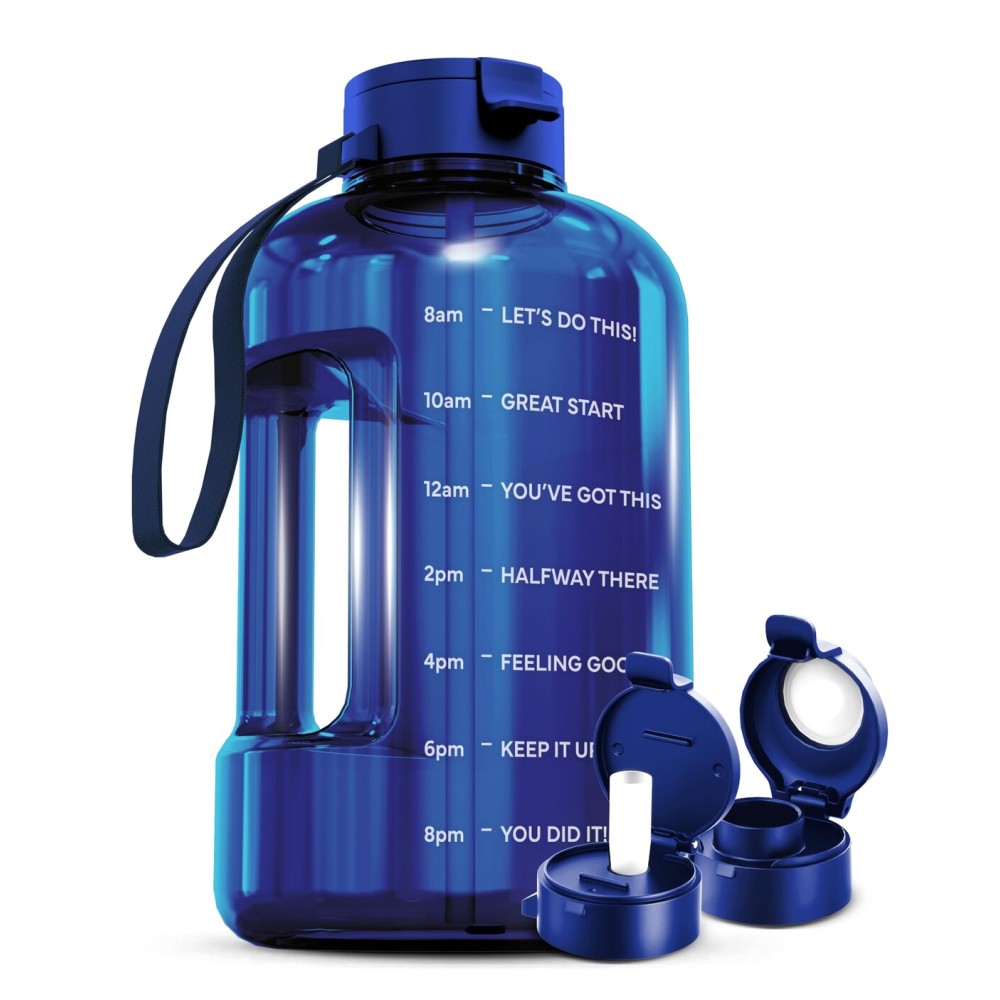 AQUAFIT 128 oz Water Bottle with Time Marker - Straw & Chug Lid - BPA Free 1 Gallon Gym Water Bottle with Handle - Big Gallon Jug (Blue, 128 Ounces)