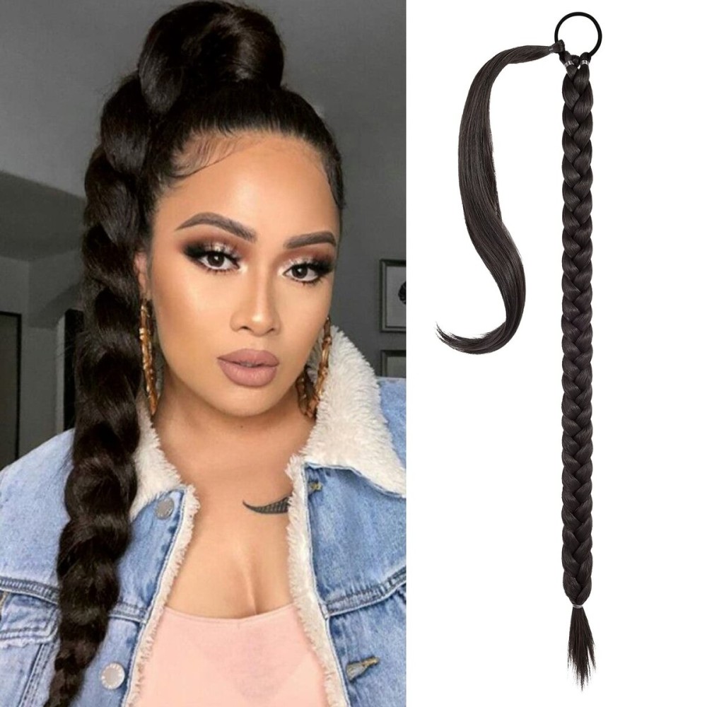 SEIKEA Long Braided Ponytail Extension with Hair Tie Straight Wrap Around Hair Extensions Ponytail Natural Soft Synthetic Hair Piece for Women Daily Wear 34 Inch 150 Gram Black Brown