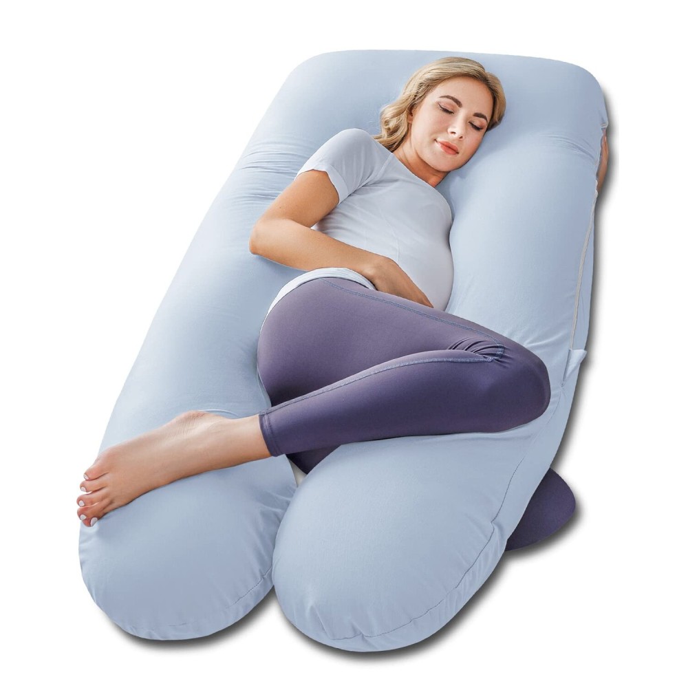 Meiz Pregnancy Pillow, Cooling Pregnancy Pillows for Sleeping, Maternity Pillow for Pregnant Women, Pregnancy Body Pillow with Cooling Jersey Cotton Cover, Blue