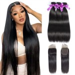 Straight Bundles with Closure Human Hair 10 12 14+10 Brazilian Human Hair Bundles with Closure Straight 100% Unprocessed Virgin Weave Hair Bundles with Lace Closure