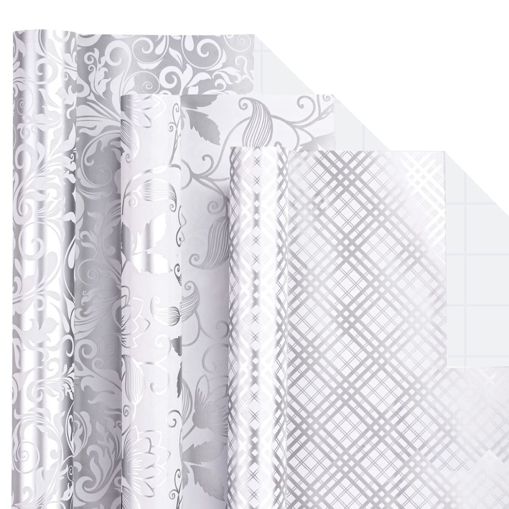 LeZakaa Silver Wrapping Paper Roll, Elegant Metallic Foil Gift Wrap with Floral and Plaid Pattern for Wedding, Anniversary, Birthday, Mothers Day, Bridal Shower, Christmas, 17 x 120 inches, Mini Roll