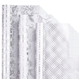 LeZakaa Silver Wrapping Paper Roll, Elegant Metallic Foil Gift Wrap with Floral and Plaid Pattern for Wedding, Anniversary, Birthday, Mothers Day, Bridal Shower, Christmas, 17 x 120 inches, Mini Roll