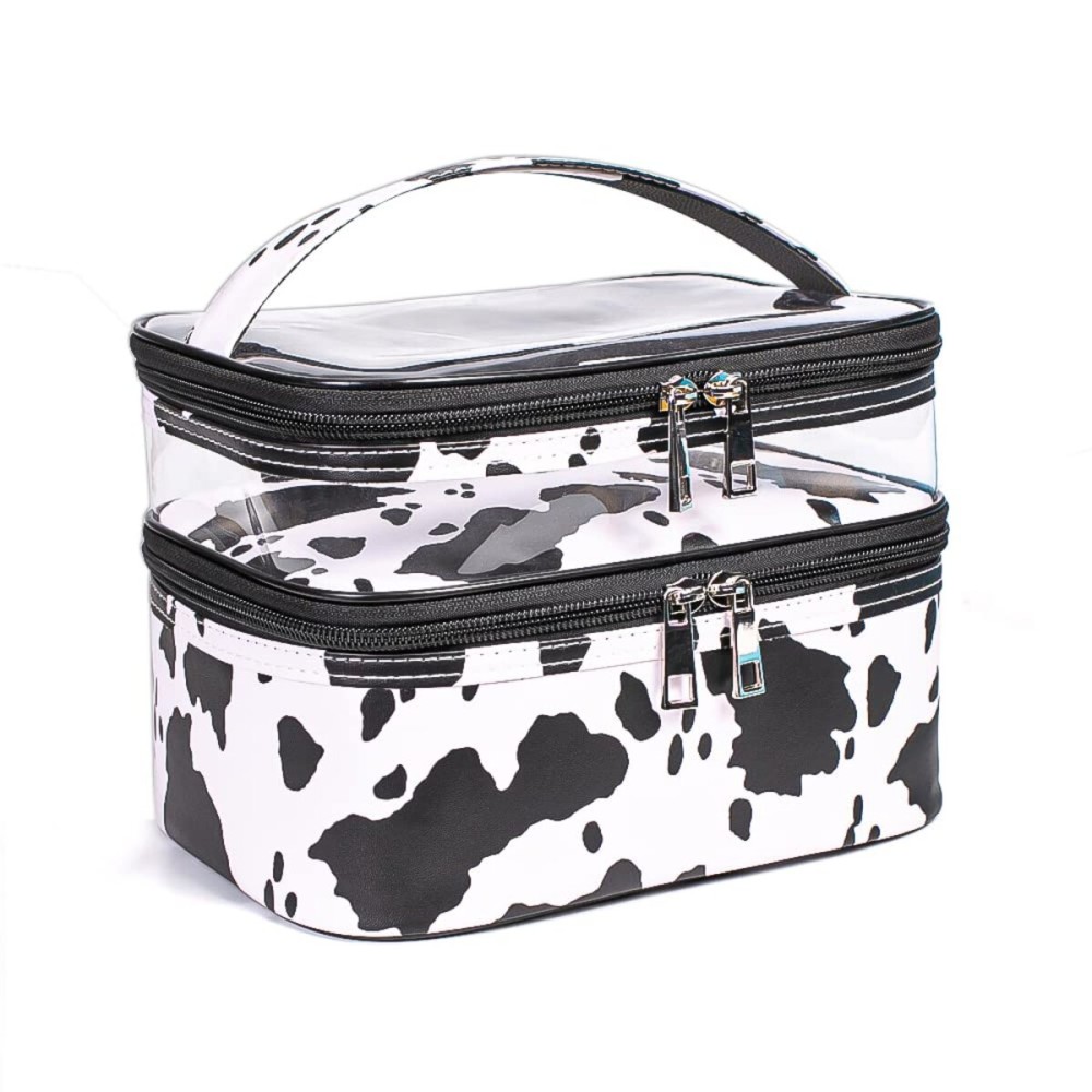 imerelez Double-layer Cosmetic Bag Makeup Bag Travel Makeup Bag Makeup Bags for Women Cosmetics Cases Portable Waterproof Foldable (Cow Print)